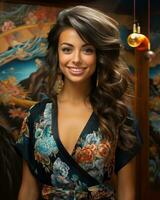 beautiful young woman in oriental dress posing in front of oriental wall generative ai photo