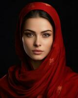 beautiful young woman in red headscarf on black background generative ai photo