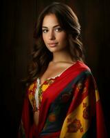 beautiful young woman in traditional dress on wooden background generative ai photo