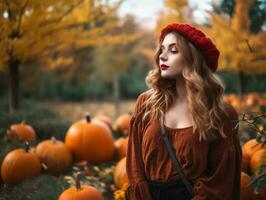 beautiful young woman in red beret standing in a field of pumpkins generative ai photo