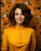 beautiful young woman in yellow shirt posing for the camera generative ai photo