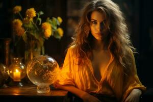 beautiful young woman in yellow dress sitting at table with candle and crystal ball generative ai photo