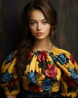 beautiful young woman in yellow floral blouse on dark background generative ai photo