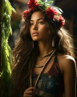 hermosa joven mujer vistiendo un hawaiano vestir con flores en su cabeza generativo ai foto