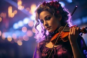 beautiful young woman playing the violin in a dark room generative ai photo