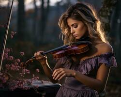 beautiful young woman playing violin in the forest generative ai photo