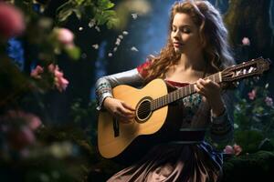 beautiful young woman playing guitar in the forest generative ai photo