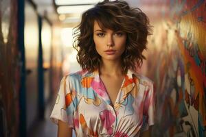 beautiful young woman with curly hair standing in an alleyway generative ai photo