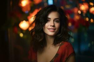 beautiful young woman with dark hair posing in front of lights generative ai photo