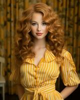 beautiful young woman with curly red hair in yellow dress generative ai photo