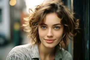 beautiful young woman with curly hair looking at the camera generative ai photo