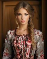 hermosa joven mujer con largo pelo en un floral vestir generativo ai foto