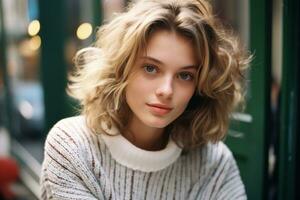 beautiful young woman with curly hair sitting in a cafe generative ai photo