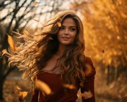 beautiful young woman with long hair blowing in autumn leaves generative ai photo