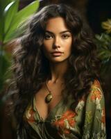 beautiful young woman with long curly hair posing in front of tropical plants generative ai photo