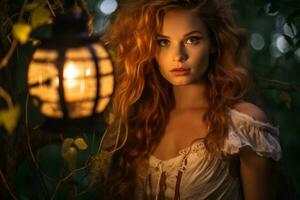 beautiful young woman with long red hair standing in the forest near an old lantern generative ai photo
