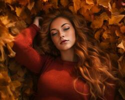 beautiful young woman with red hair lying on autumn leaves generative ai photo