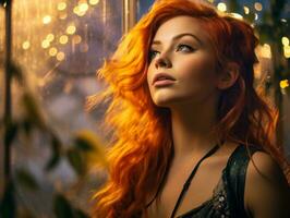 beautiful young woman with long red hair in front of a window generative ai photo