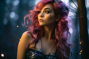 beautiful young woman with pink hair in the woods generative ai photo