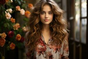 beautiful young woman with long wavy hair in front of flowers generative ai photo