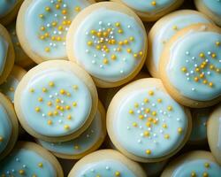 azul y amarillo azúcar galletas con blanco Crema generativo ai foto