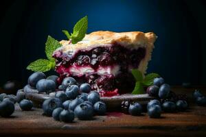 blueberry pie on a wooden plate with blueberries and mint leaves generative ai photo