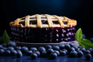 blueberry pie with lattice on blue background generative ai photo