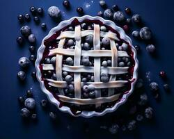 blueberry pie with lattice on blue background generative ai photo