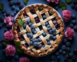 blueberry pie with lattice on a blue background stock photo generative ai