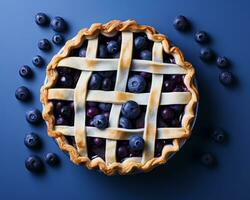 blueberry pie with lattice top view on blue background stock photo generative ai