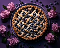 blueberry pie with lattice on purple background generative ai photo