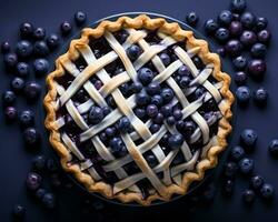 blueberry pie with lattice on dark background stock photo generative ai