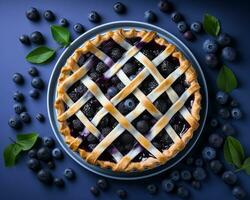 blueberry pie with lattice on blue background top view generative ai photo