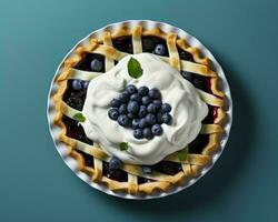 blueberry pie with whipped cream and fresh blueberries on a blue background generative ai photo