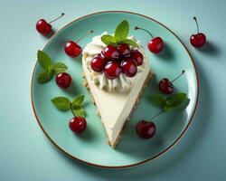 cheesecake with whipped cream and cherries on blue background top view generative ai photo