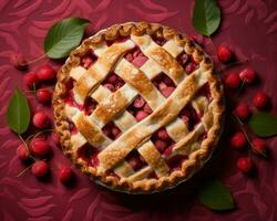 Cereza tarta con enrejado en un rojo antecedentes generativo ai foto