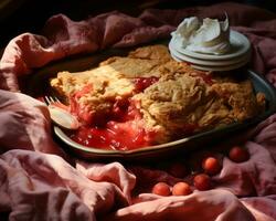 cherry pie in a baking dish with whipped cream and cherries generative ai photo