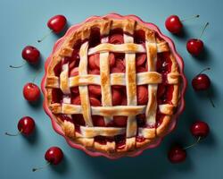 Cereza tarta con enrejado en azul antecedentes generativo ai foto