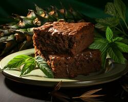 chocolate brownies on a green plate with pineapples generative ai photo