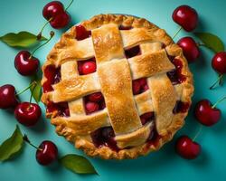 cherry pie with lattice top view generative ai photo