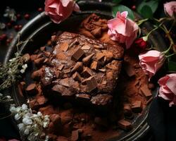 chocolate brownie with rose petals on black background generative ai photo