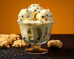 chocolate chip cookie ice cream in a glass bowl with chocolate chips generative ai photo