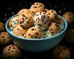 chocolate chip cookie dough ice cream in a bowl on a black background generative ai photo