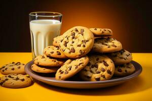 chocolate chip cookies and glass of milk generative ai photo