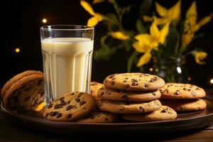 chocolate chip cookies and glass of milk on a wooden plate on a dark background with yellow daffodils banco de imagens generative ai photo