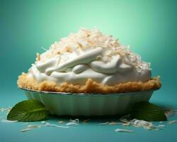 coconut cream pie with mint leaves on a blue background generative ai photo