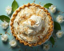 coconut cream pie with white flowers on blue background generative ai photo