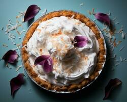 coconut cream pie on a blue background generative ai photo