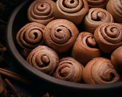 cinnamon rolls in a bowl on a black background generative ai photo