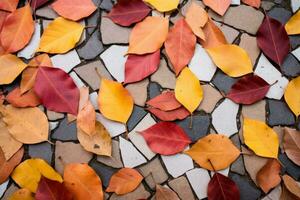 colorful autumn leaves on a tiled floor generative ai photo